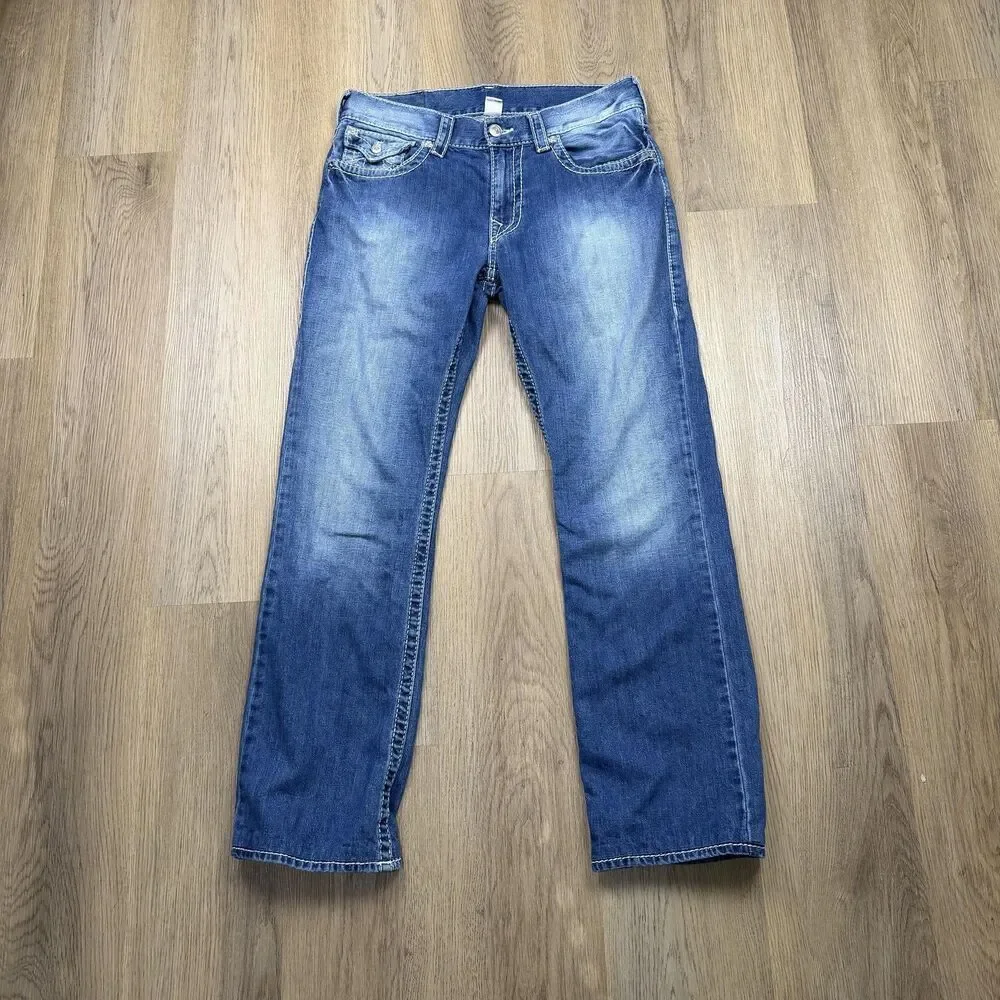 True Religion Jeans Mens 33x31 Blue Straight Flap Natural Big T Stitch Denim
